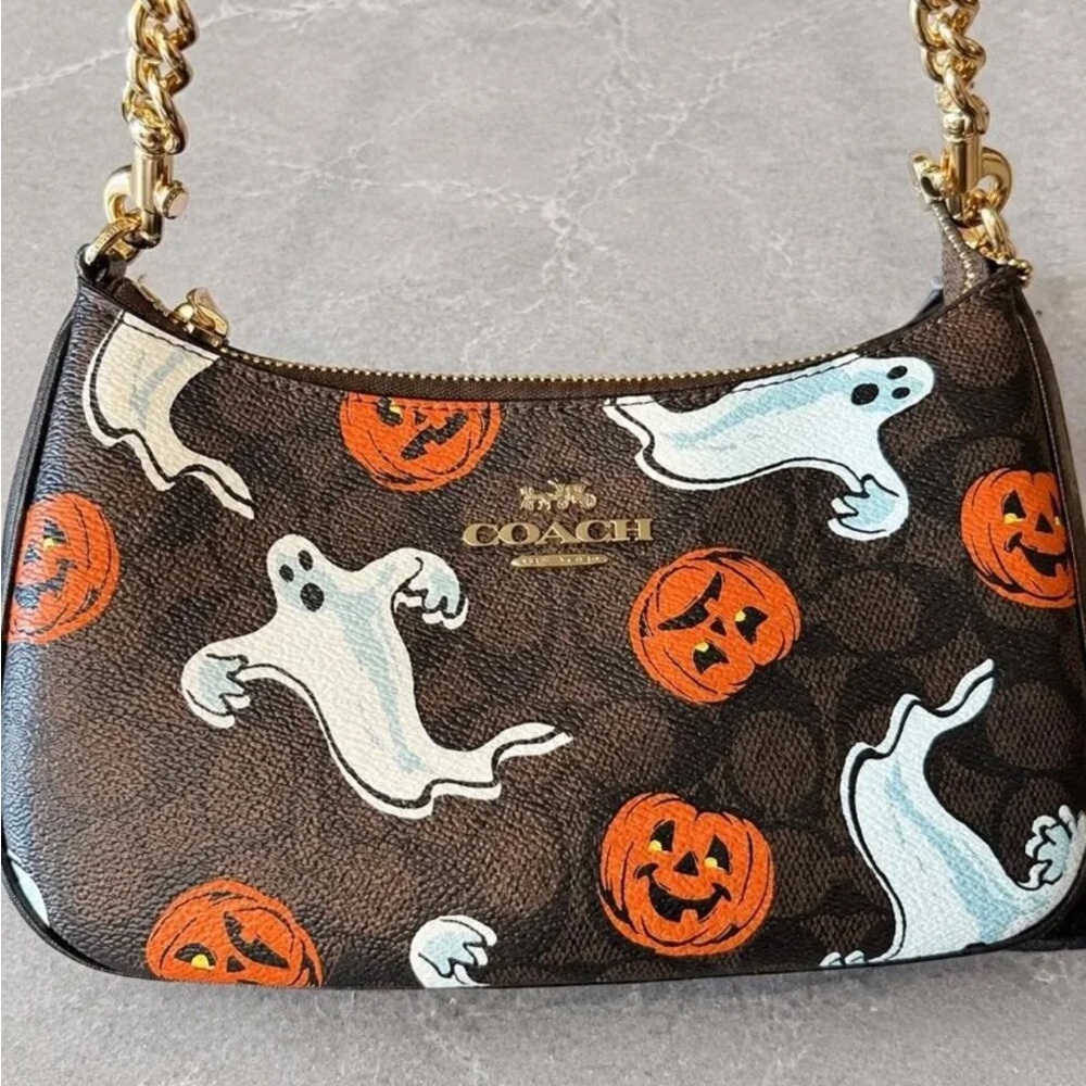 Coach Brown Shoulder Bag with White Ghosts and Orange Pumpkins